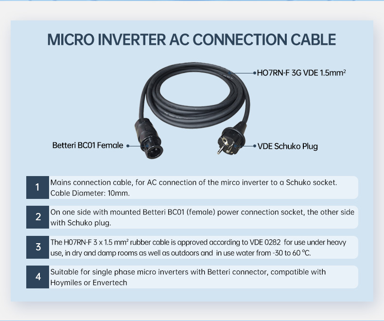 AC Extension 3M Cable With Betteri BC01 Female To VDE Schuko Plug Various Lengths IP68 Waterproof (图2)