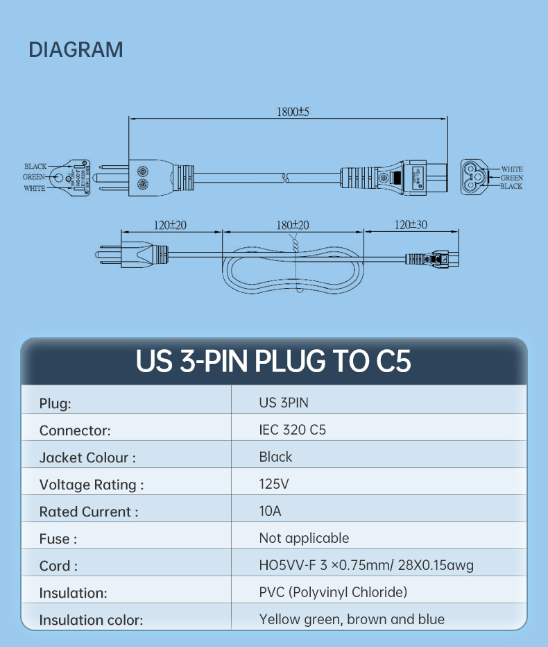 US Plug To C5 110v US Computer Power Cord IEC  3 Prong Connector(图3)