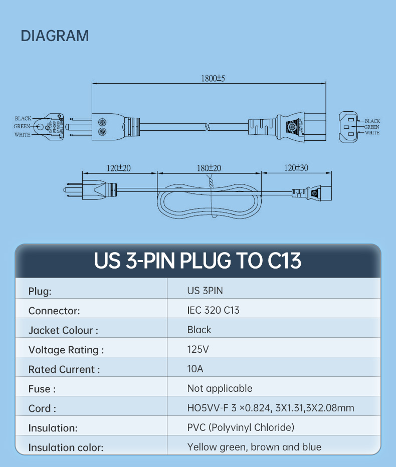 US 3-Pin NEMA 5-15P Plug To IEC 320 C13 AC Power Cord(图3)