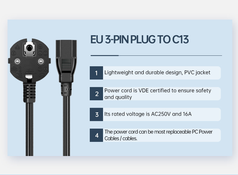 Europe 3-Pin Angle Plug To IEC 320 C13 AC Power Cord(图2)