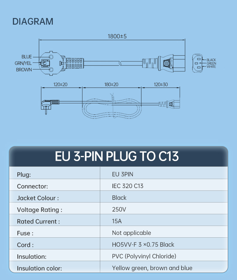 Europe 3-Pin Angle Plug To IEC 320 C13 AC Power Cord(图3)