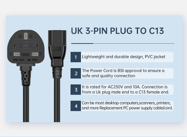 UK 3 Prong Plug To IEC 320 C13 AC Power Cord(图2)